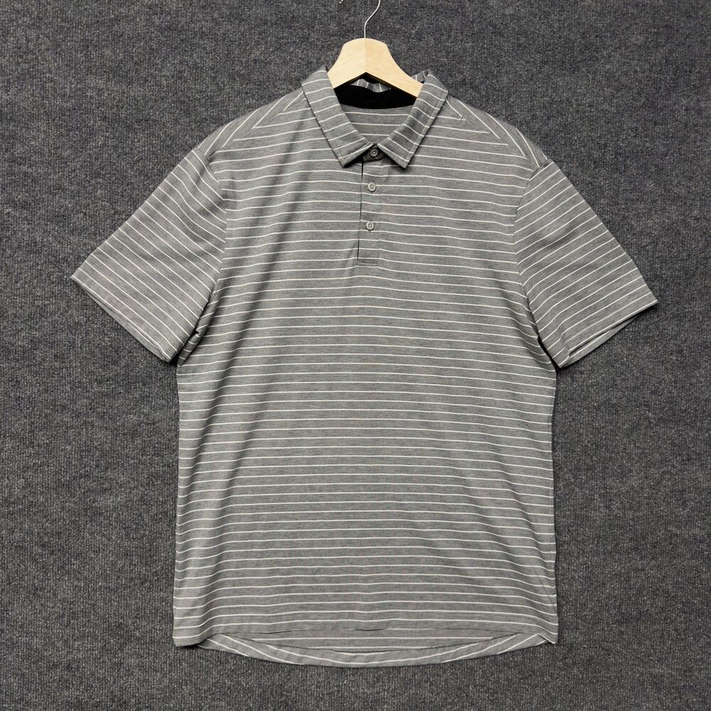 Lululemon Polo Shirt Mens L Gray Striped Jersey Golf Stretch Performance Casual